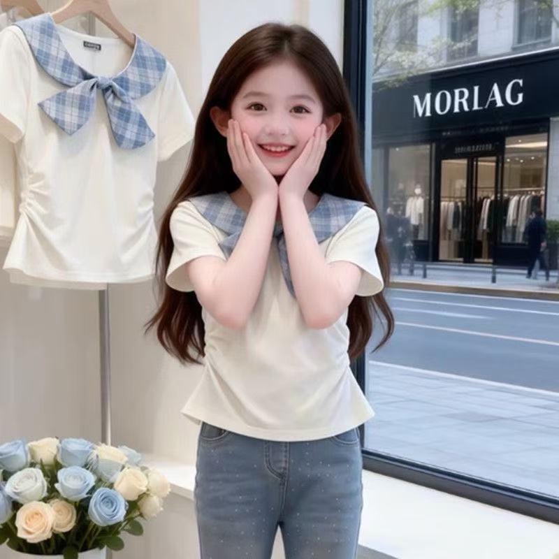 Girls Plaid Short Sleeve T Shirt Peter Pan Collar Bow Tie Fashionable Casual Top for Big Kids