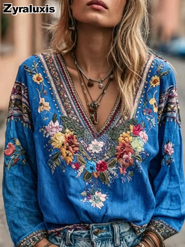 Women's Bohemian V-Neck Casual Vintage Top Long Sleeve Ethnic Style