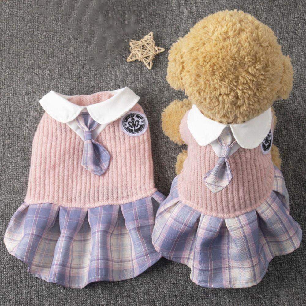 Kawaii Pet JK Plaid Skirt Comfortable Design Knitted Cat Clothes Small Medium Size College Style Dog Dress Autumn/Winter