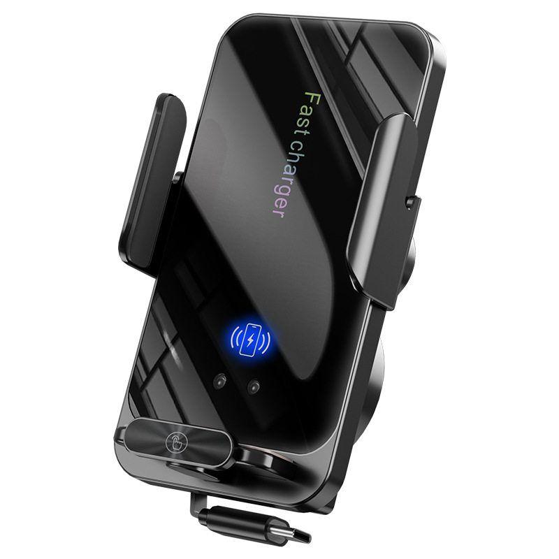 New Car Mount with Wireless Charging and Type-C Data Cable, Smart Sensor Phone Holder That Does Not Block the Camera