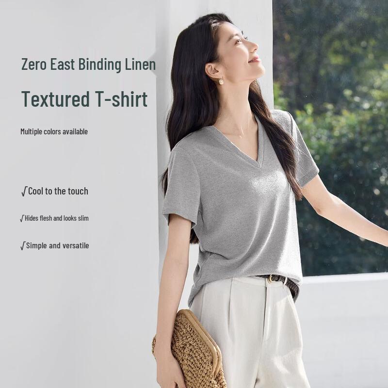 IHIMI Women s V-Neck Linen-Feel Cooling Short Sleeve T-Shirt M