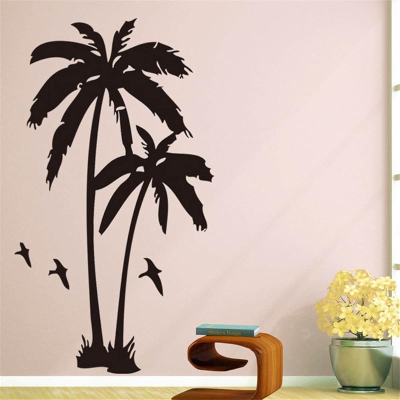 BIBITIME 2 Coconut Palms Wall Sticker White Birds Silhouette Vinyl Coco Decor Decals for Office Background Decorations Living Room Bedroom Nursery