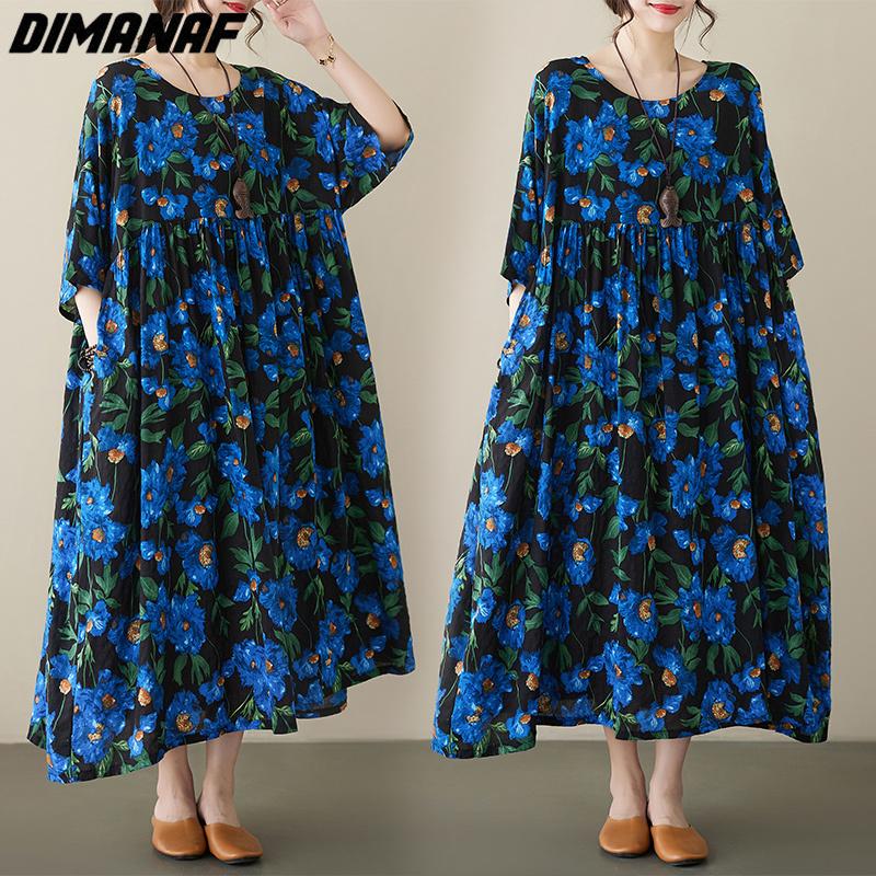 DIMANAF Plus Size Women 2023 Dress New Summer Style Loose Dress Basic Floral Dresses New Yellow