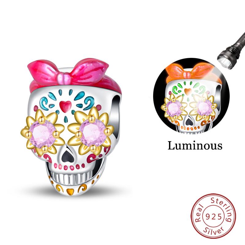 New Halloween Charms Beads 925 Silver Red Rose Black Butterfly Spider Luminous Skull Pendant For Bracelet DIY Jewelry Gifts