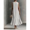 Sleeveless Deep V Neck Linen Midi Dress, Loose Irregular Ruffle Flowy Hem Sundress,Textured Elegant Slim Fit Casual Business Vacation Long Gown