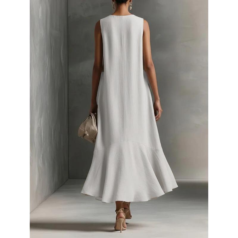 Sleeveless Deep V Neck Linen Midi Dress, Loose Irregular Ruffle Flowy Hem Sundress,Textured Elegant Slim Fit Casual Business Vacation Long Gown
