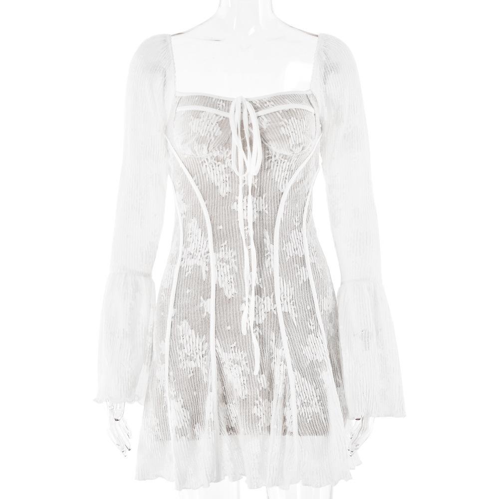 European and American Ins Spring Lace New Flared Sleeve Tube Top Dress, Sexy Spice Girl Long-sleeved Halter Hip-wrapped Short Skirt