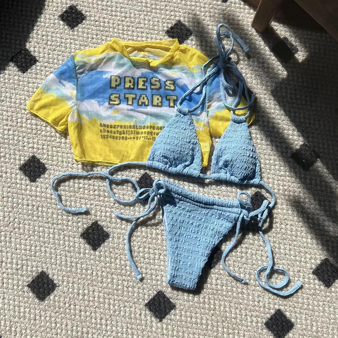 

Новый мультяшный купальник-бикини с коротким рукавом, на бретелях-халтер, женский купальник, женский купальник, комплект бикини из трех частей, купальный костюм для купания L синий/жёлтый