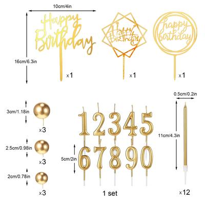 34 szt. Dekoracje na tort urodzinowy Happy Birthday Świeczki urodzinowe dla mężczyzn kobiet z 12 długimi cienkimi świeczkami 10 świeczkami z numerami