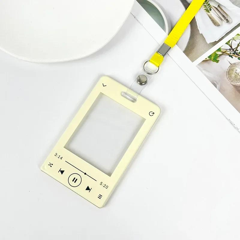 Music Player ID Card Holder with Spring Rope Heart Charm for Women Girls Kid Colorful Bus Subway Credit Card Protector Shell