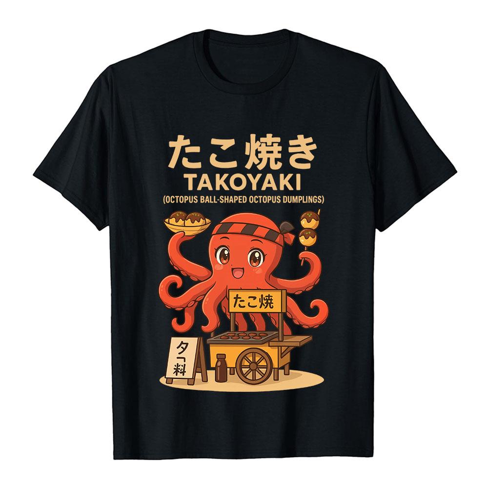 Cute Takoyaki Octopus Cartoon Tees Japanese Style Fashion Graphic Print T-shirt Street Food Casual Loose Tops for Men Women Tops