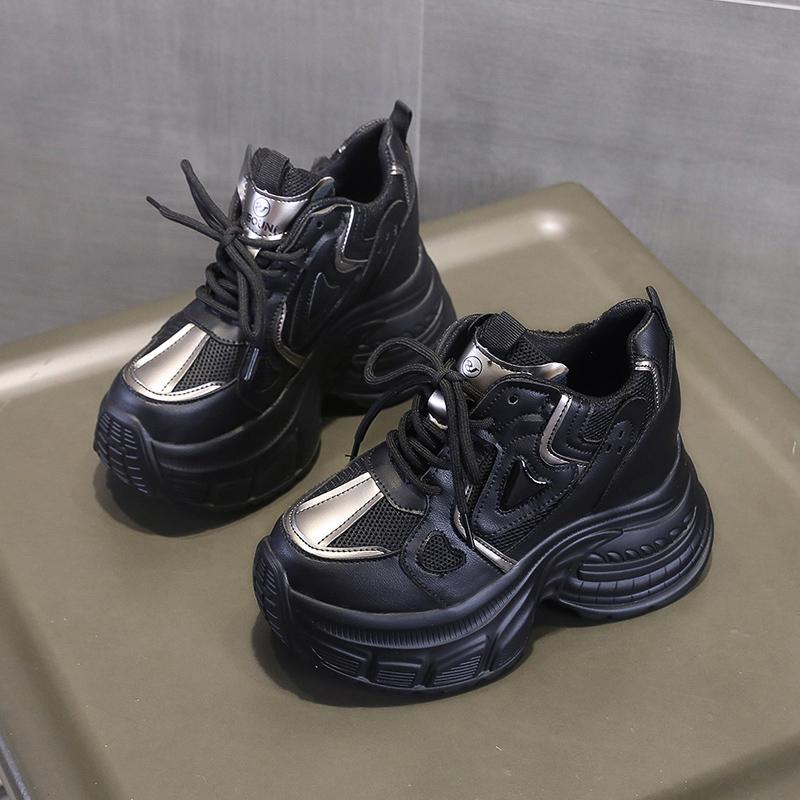 Fashion 10CM Women Casual Leather Mesh Shoes New Autumn Breathable Chunky Sneakers Street Height Increased Shoes Thick Platform Sneakers