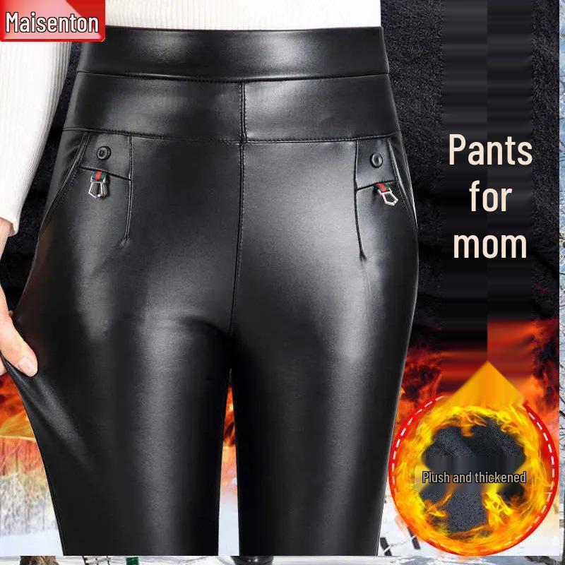 Mom's High-Waisted Leather Pants: Winter Plus Velvet Straight-Leg Style for Middle-Aged & Elderly Women