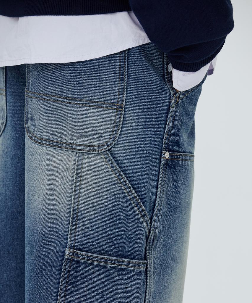 Modenaleudeo Double Knee Wide Denim Pants (Medium Blue)