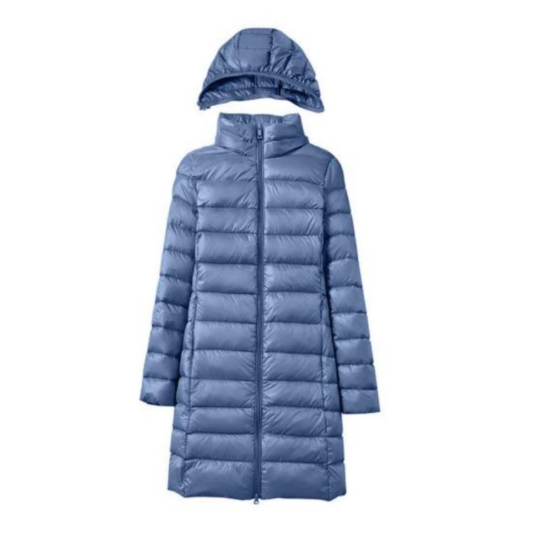 Women Plus Size Winter Down Coat Slim Fit Mid Length Hooded Windproof Warm Padded Long Sleeves Solid Color Zipper Closure