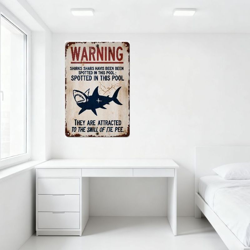 Vintage Weathered Metal Warning Sign, Sharks Spotted (Typos) with Shark Graphic, Humorous 'Smell of Pee' Warning for Pool Decor,