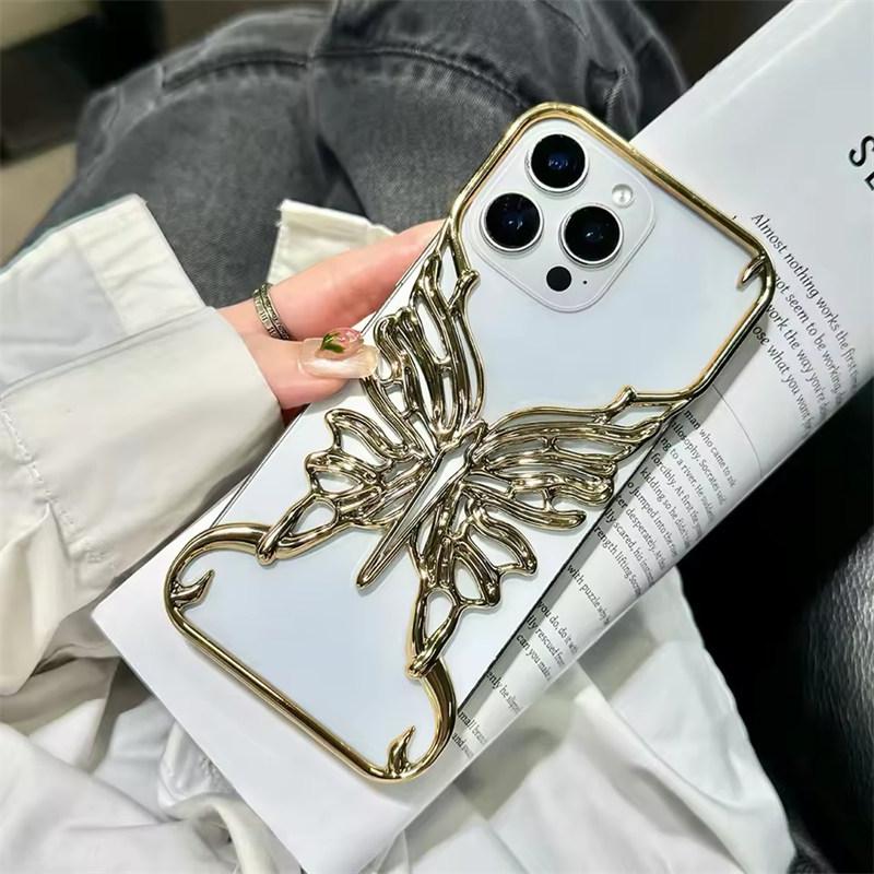 

3D Чехол для телефона с полым узором бабочки для отвода тепла для iPhone 17 Air 16 15 14 13 12 11 Pro Max Plus Матовая гальванизированная твердая задняя крышка iPhone 17 Air золотой