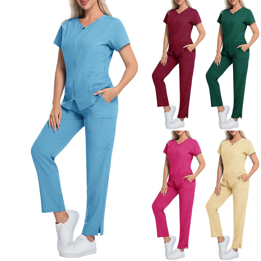 Ladies' Comfortable And Casual Solid Color Short Sleeved Pants Protective Suit Set