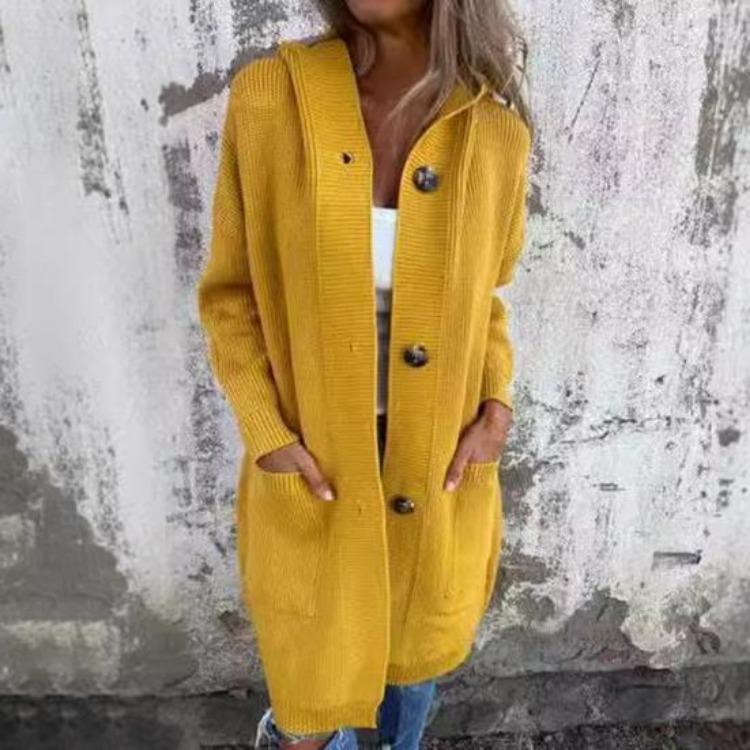 Women Knitted Cardigan Sweater Coat Long Sleeve Hooded Solid Color Mid Length with Pockets