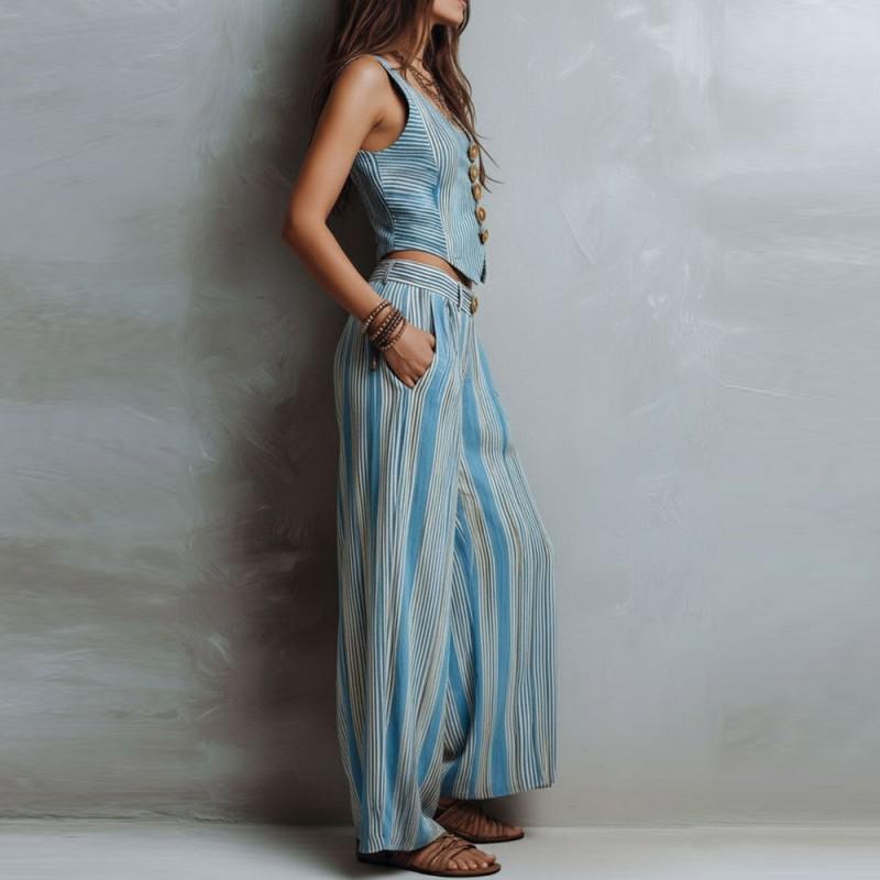 Wind Vertical Stripe Casual Vest Top Wide-leg Pants Set