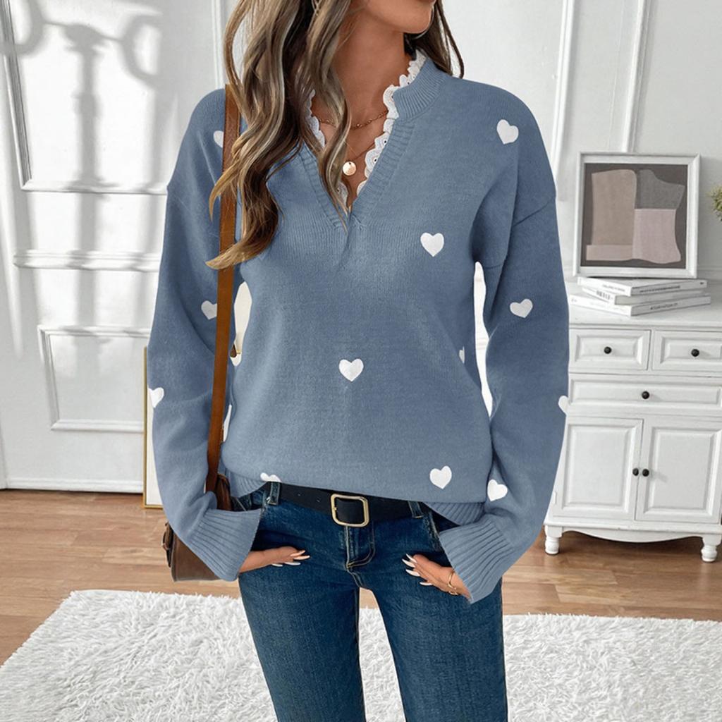 Fall Winter Women's V-neck Heart Sweater, Valentine's Day Date Outfit, European American Style Hot Selling Top
