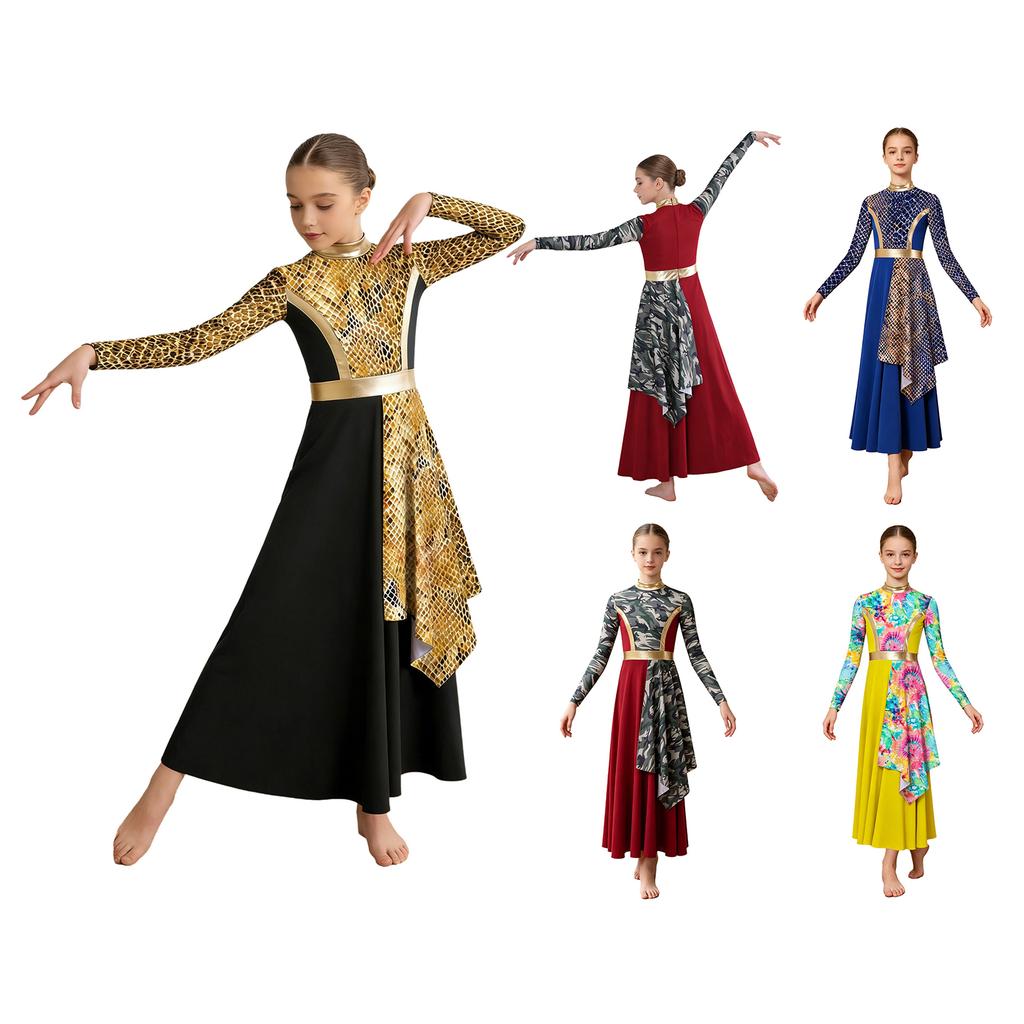 Kids Praise Dance Costume Mock Neck Long Sleeve Printed Asymmetrical Drape Hem Back Zipper Dress for Liturgical Worship Performance