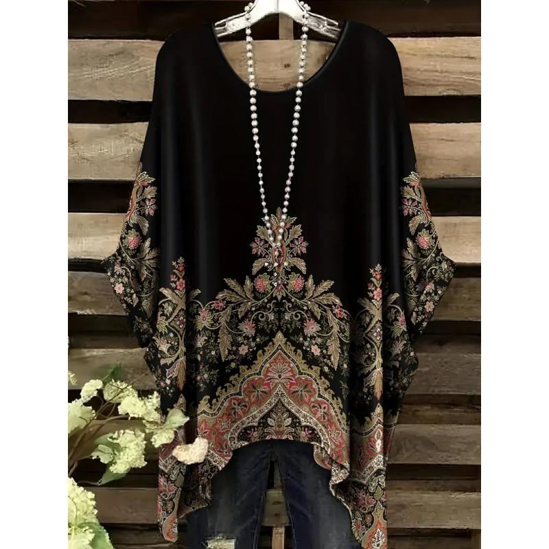 Camisetas Oversize Estilo Bohemio Chic Estampado Étnico Vintage Sencillo Dobladillo Irregular Cuello Redondo Top para Mujer Moda Versátil Ropa de Mujer