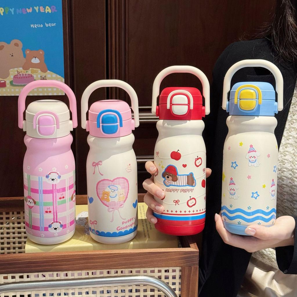 High-value Cartoon Children's Double Drink Bouncing Thermos Cup 316 Stainless Steel Straw Water Cup Handle Pot