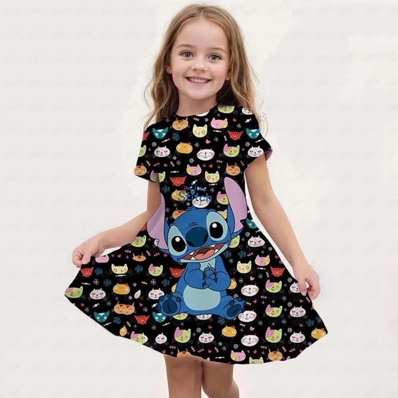 Disney Summer Girls Cute Cartoon Stitch Printed Dress Fashion One-piece Dress Kids Daily Casual Short Sleeve Clothing Outfit
