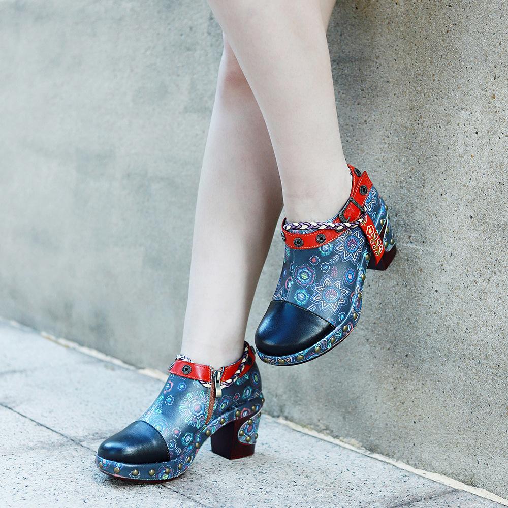 Patchwork din piele naturală Tocuri înalte cu pantofi retro cu relief pictat manual Pantofi versatili pentru femei