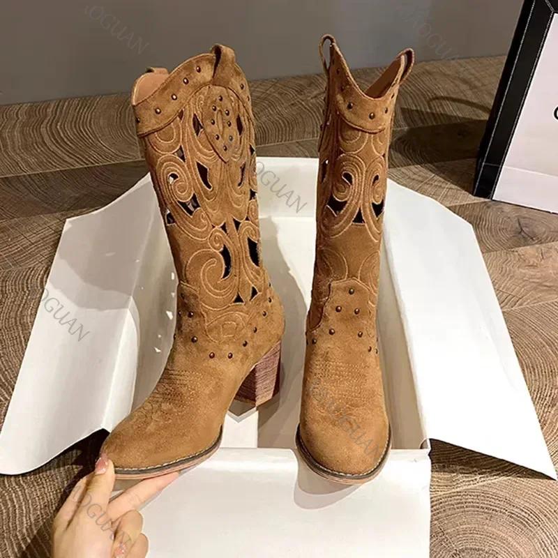 Fashion Hollow Embroidered Vintage Western Boots Women 2025 Autumn Chunky Heels Knee High Cowboy Boots Woman Pu Leather Knight Booties