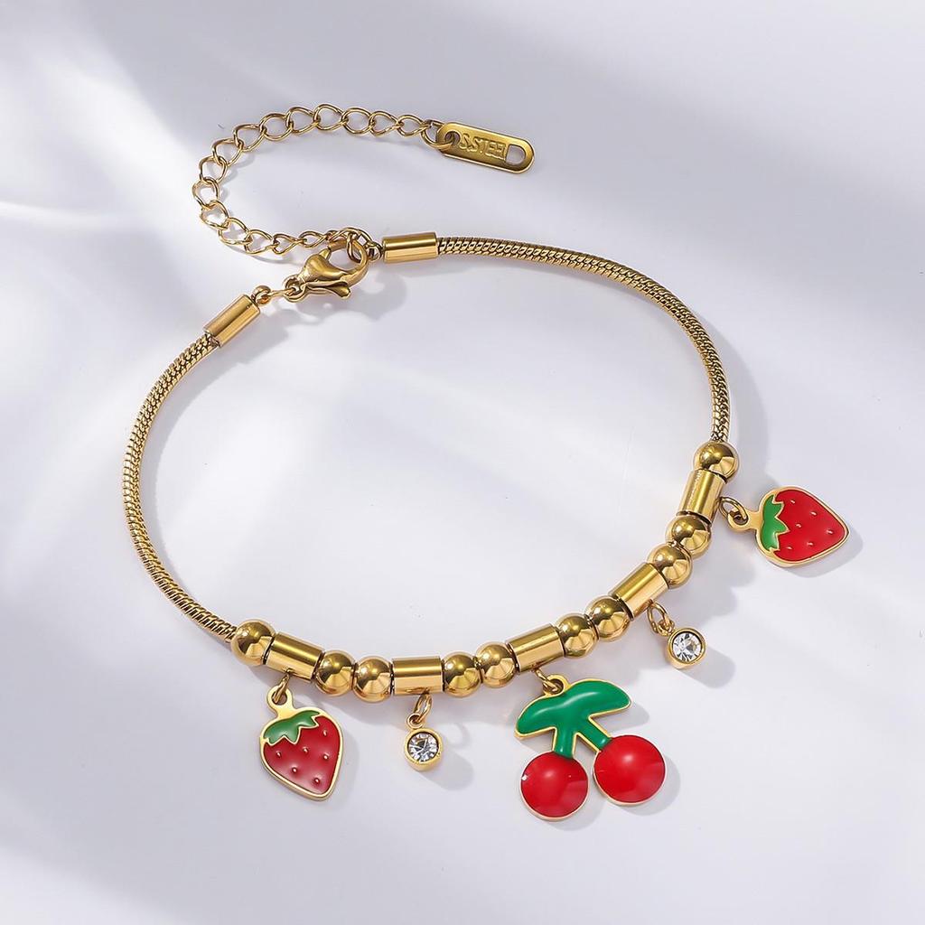 Cherry Epoxy Titanium Steel Bracelet for Women - Sweet Dopamine-Inspired Design