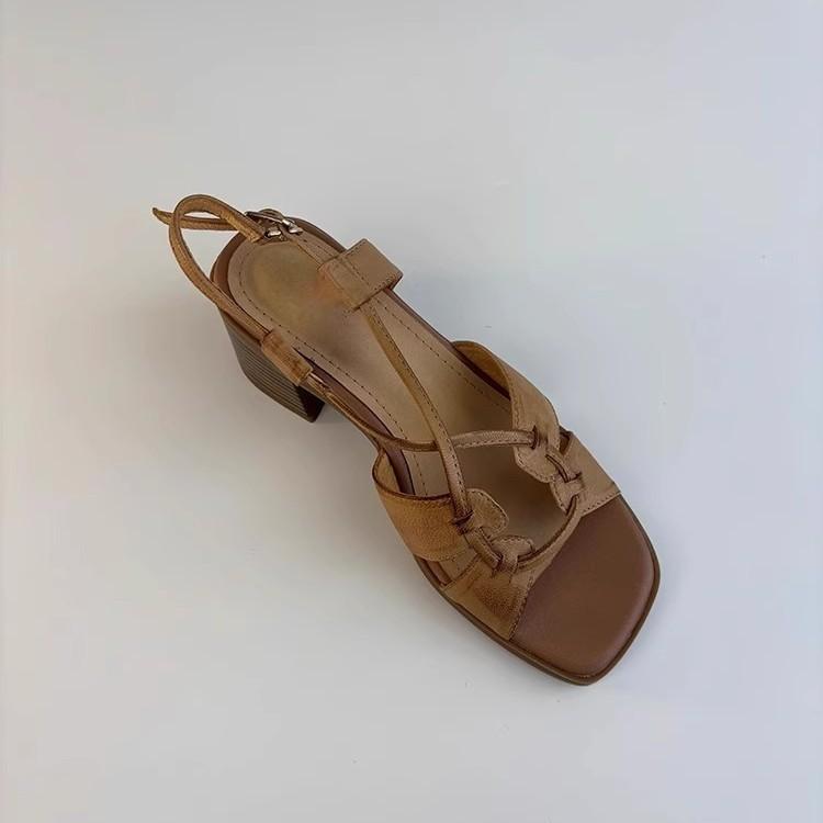 Sheepskin version~ retro versatile one-word belt leather high-heeled Roman shoes women's head open-toed high-end thick-heeled sandals