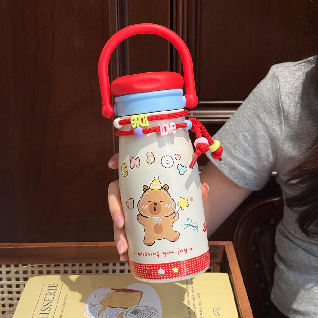 Large Capacity High Value Cartoon Thermos Cup, Girls Portable Double Drink Straw Kettle, Student Strap Cup