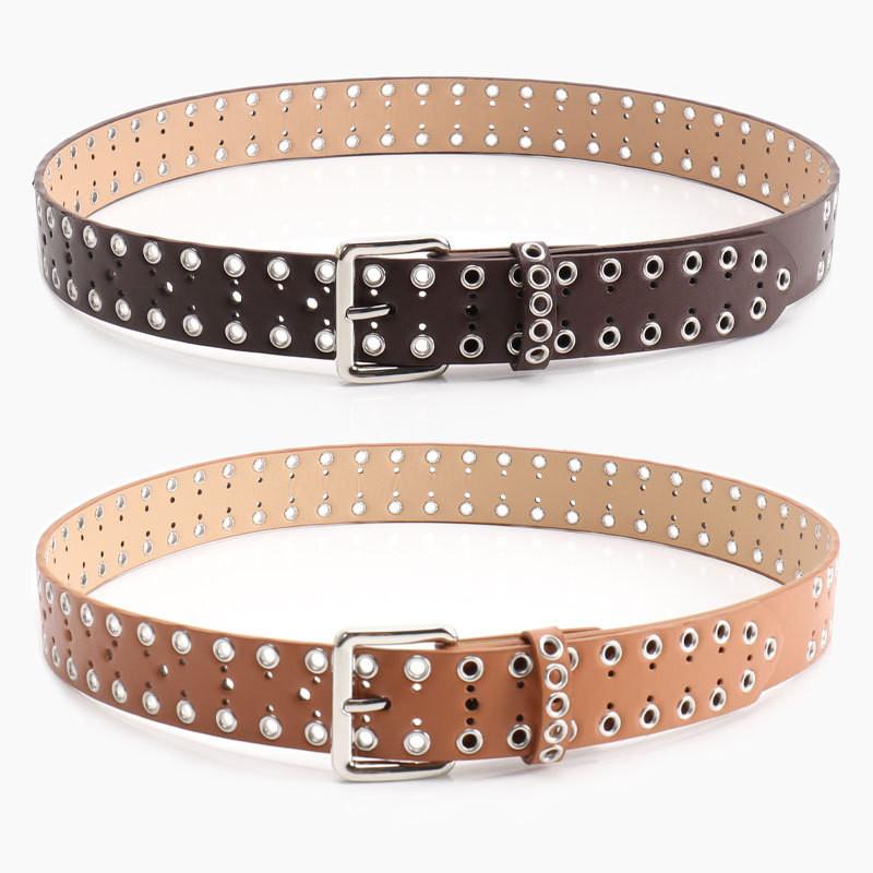 Hollowed Metal Women Leather Belt With Solid Color And Alloy Buckle Fashion