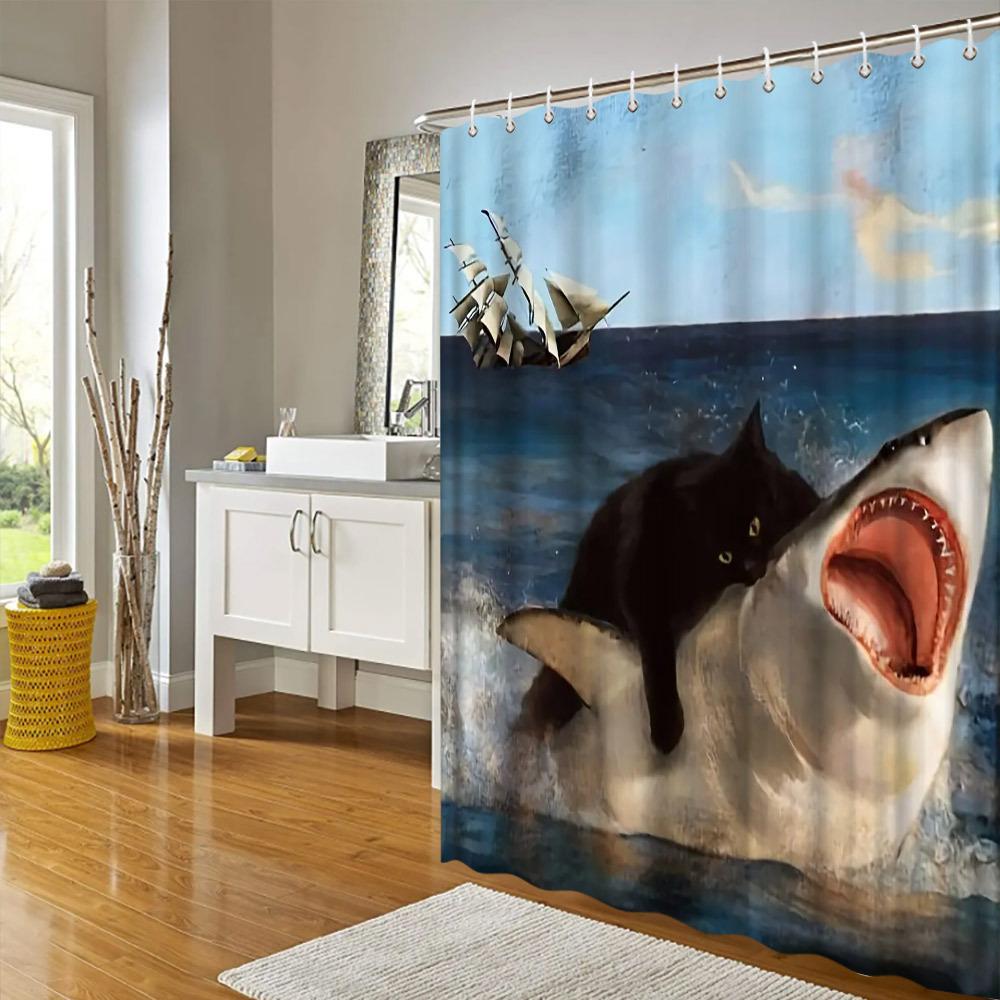 Unique Cat Riding Shark Shower Curtain - Waterproof, Mildew-Resistant With Ocean Adventure Design For A Quirky And Fun Bathroom