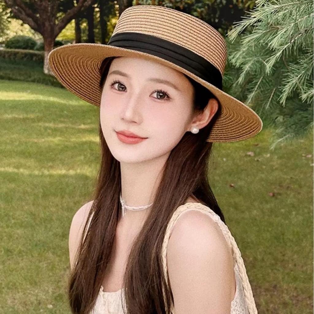 Women's Flat Top French Straw Fedora - Large Brim Summer Sun Hat for Beach Vacation 2025