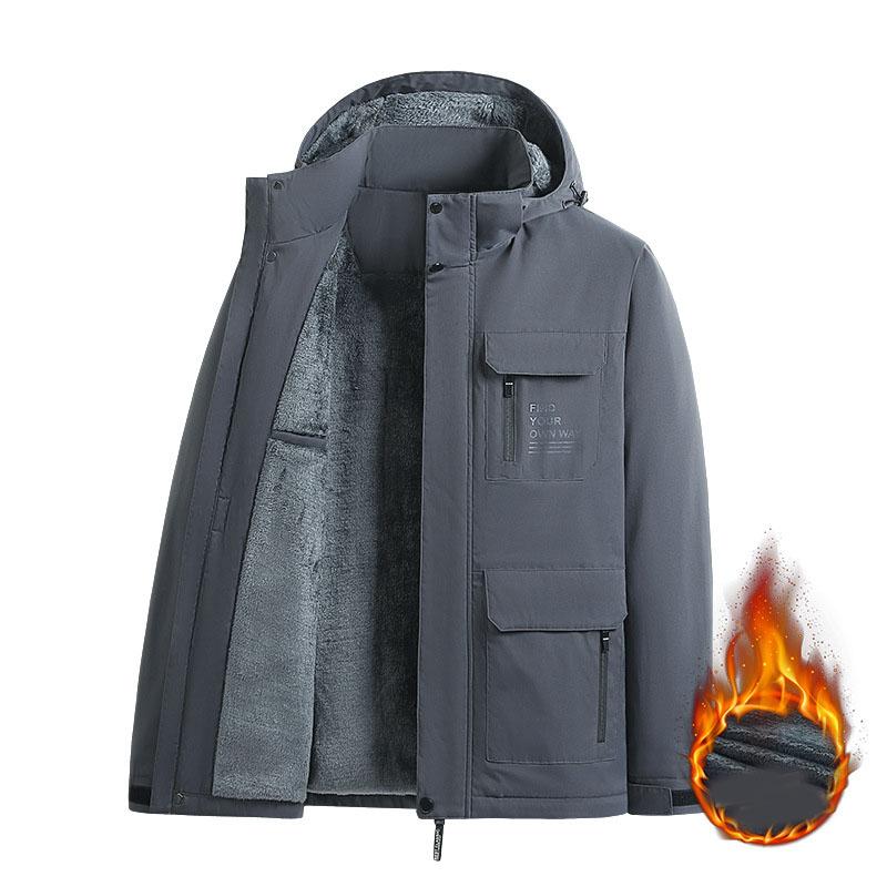 מעיל גברים לסתיו ולחורף במידות גדולות מרופד מעובה מרופד מעיל רופף יומיומי חם עם קפוצ'ון עמיד למים חסין רוח ביגוד עליון חיצוני