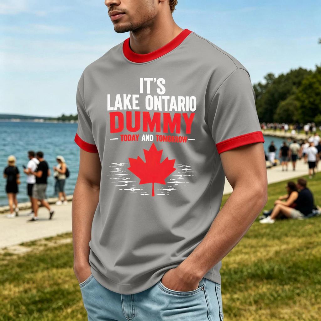 Top casual moda da uomo con stampa Lago ONTARIO, girocollo, elasticizzato, manica corta (, TRUE NORTH GRANDE, EST. 1615)