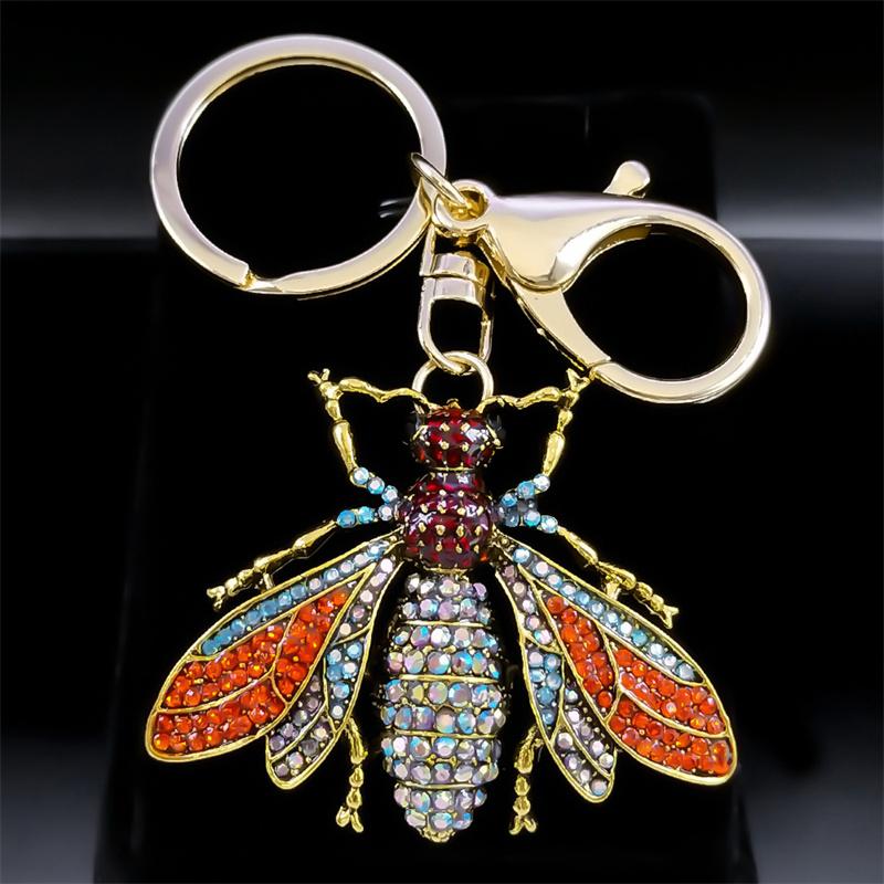Vintage Crystal Bee Pendant Key Chain Women Alloy Rhinestone Keyring Car Bag Accessories Jewelry Llaveros Para Mujer K9242S04