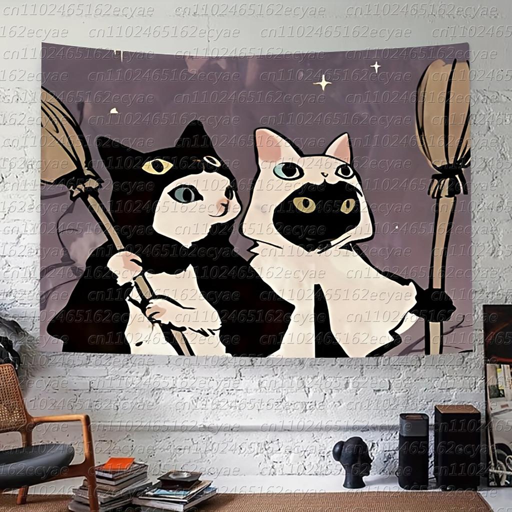 1pc Black and White Cat Cartoon Tapestry Wall Hanging for Living Room Bedroom Decoration Includes Simple Installation Kit
