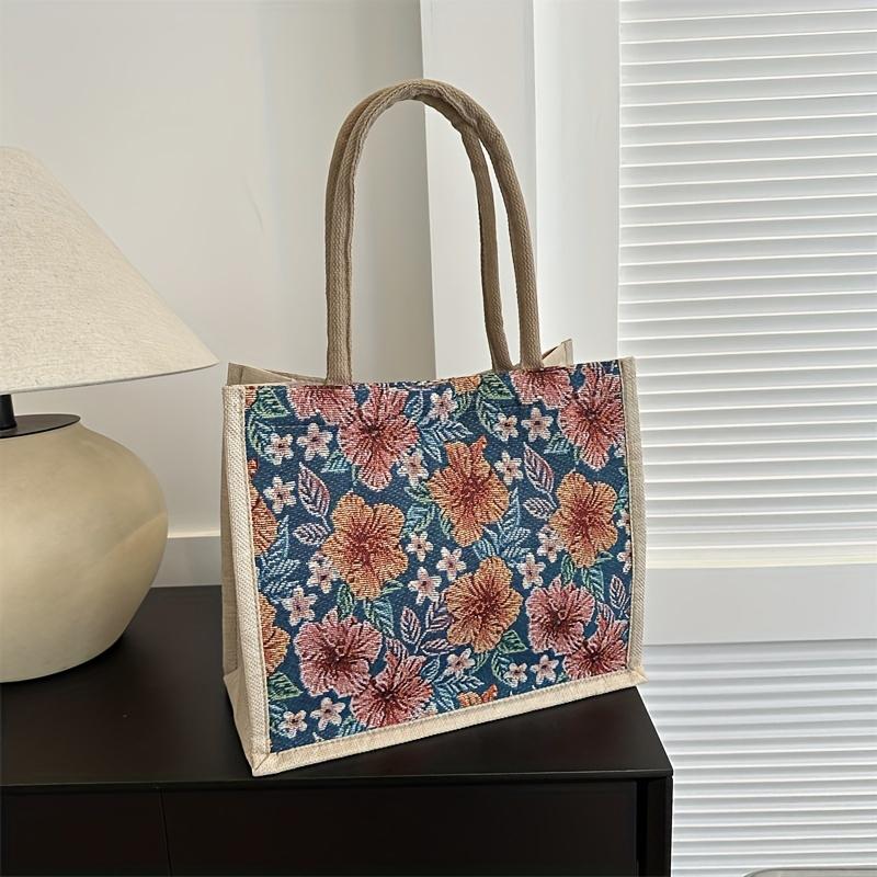 Simple and Fashionable Linen Flower Printing Handbag Women Fashion Commuter Shoulder Bags Tote Bag