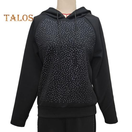2 szt./zestaw damski bluza z kapturem spodnie garnitur kryształki dekoracyjne długie rękawy patchwork sportowa bluza spodnie z elastycznym pasem fitness strój jesień wiosna dres
