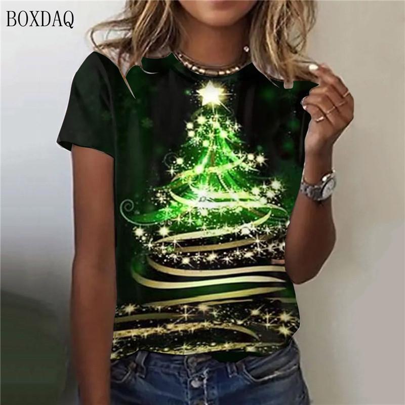 Christmas Tree Pattern Women Fashion T-Shirts Short Sleeve Christmas Days Street Trend Ladies T Shirt 3D Printed O-Neck Tops