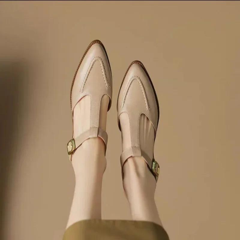 Fashion Women's Sandals Soft Leather Pointed Toe Wide Strap Buckle Single Shoes Rubber Sole China Made Ladies Shoes