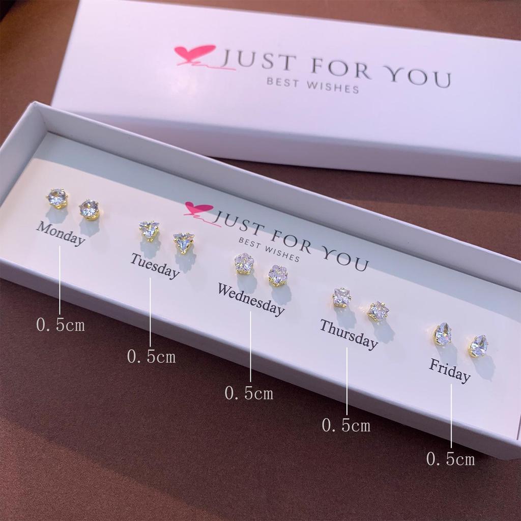 Zirkon Blumenstecker Set: 5 Paare für Damen mit Silbernadeln - Wochen-Geschenkbox