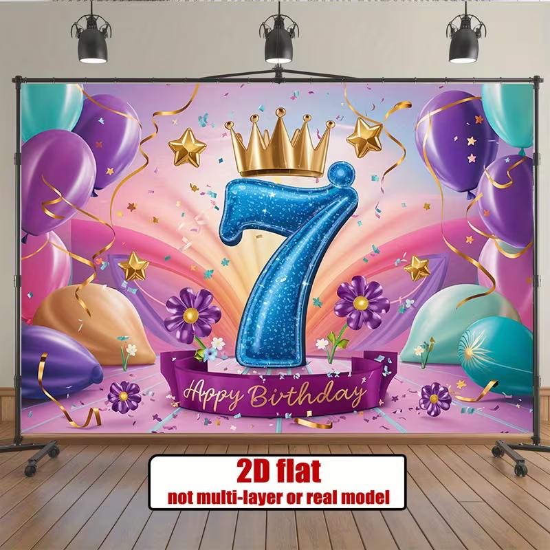 2D Happy 7th Birthday Backdrop Purple Teal Balloon Party Photo Banner