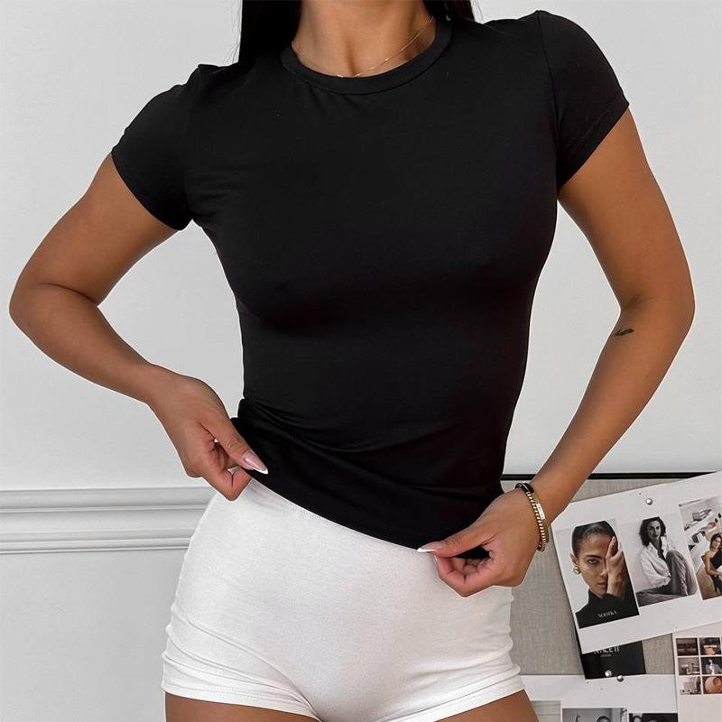 Short-sleeved summer new European and American style solid color tight top round neck short-sleeved T-shirt women's clothing