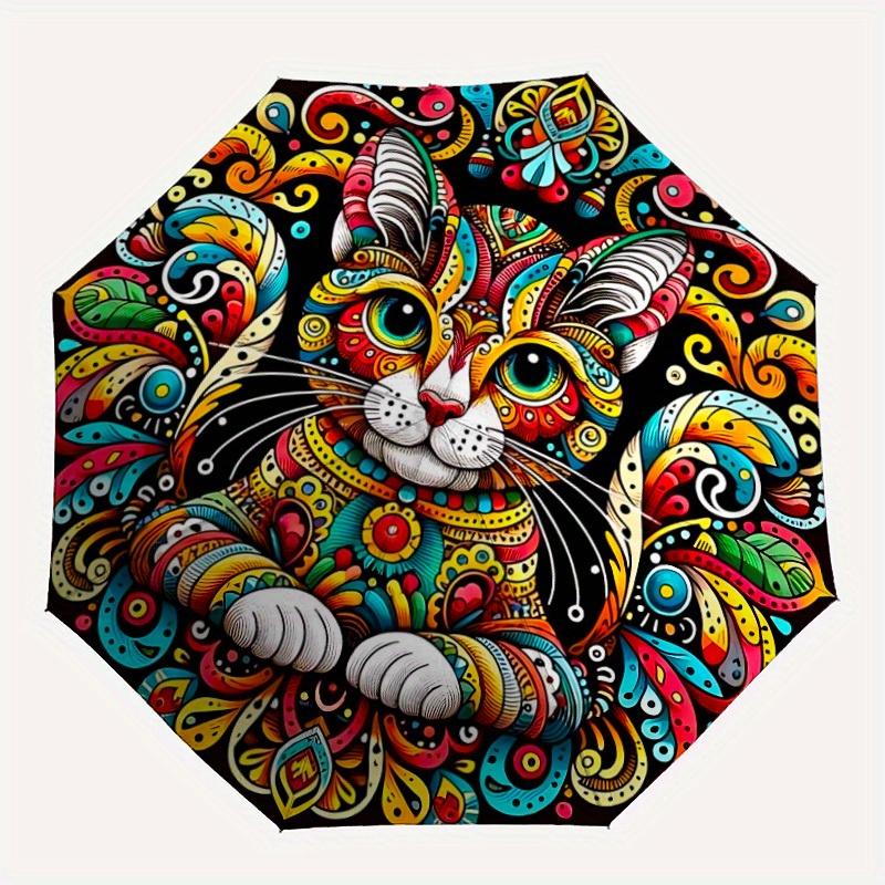 

1pc Colorful Cat Mandala Automatic Folding Umbrella - 8-Rib Iron Frame, Windproof, Portable Sunshade with Plastic Handle for Travel & Outdoo