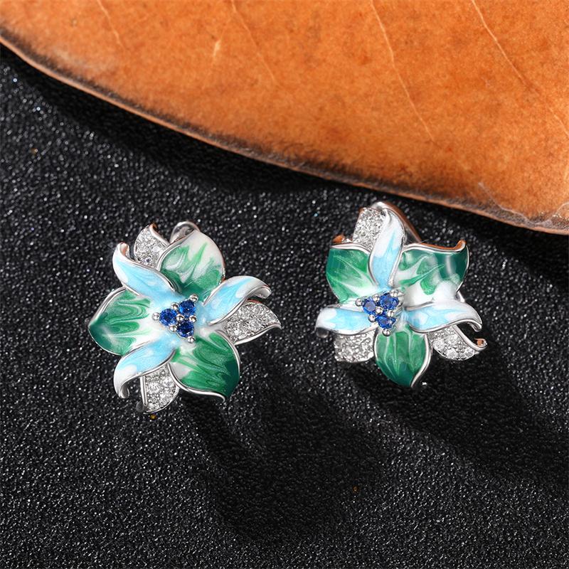 Green Blue Flower Earrings Women Inlay Sparkling Cubic Zirconia Fancy Anniversary Gift Newly Designed Flowers Ear Jewelry